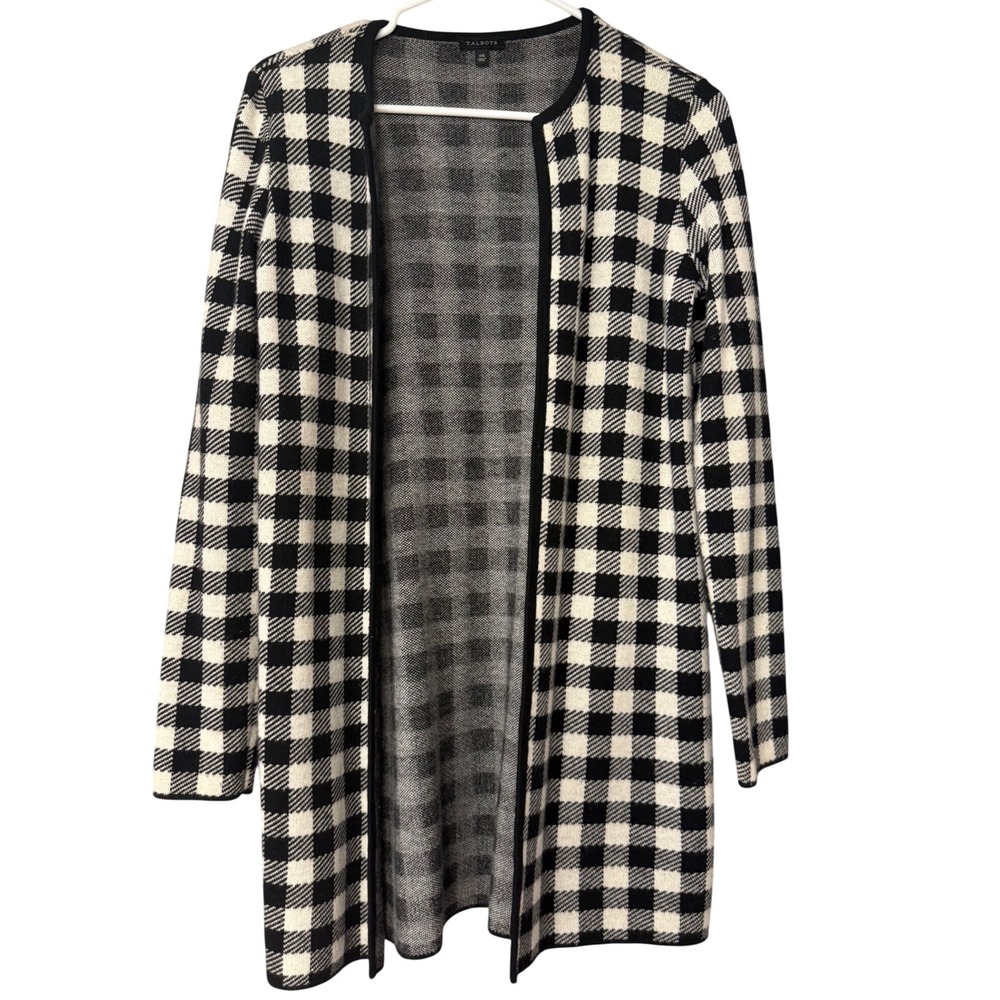 Talbots Womens XS Black Ivory Buffalo Check Wool Blend Open Front Cardigan